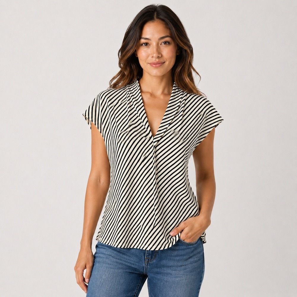 H&M Women Black White Diagonal Stripe V-Neck Cap Sleeve Blouse Top Small